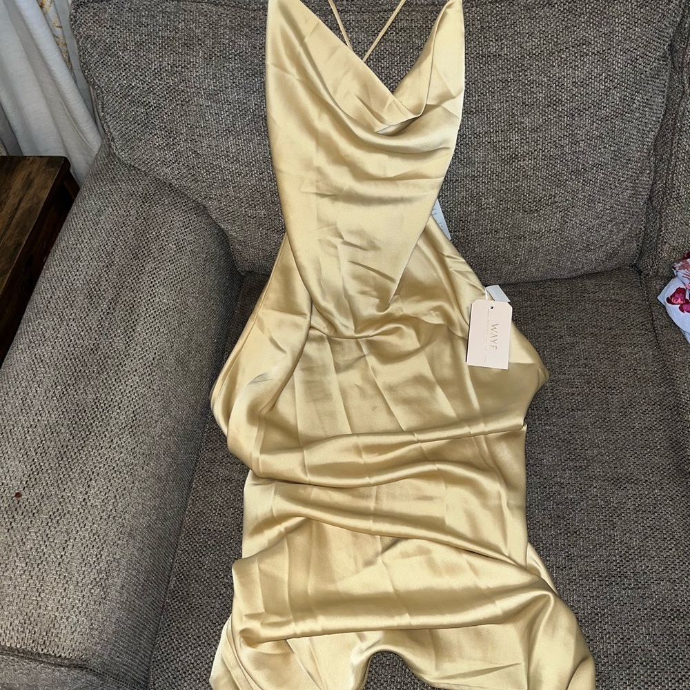 Wayf nanette cowl neck midi gold dress